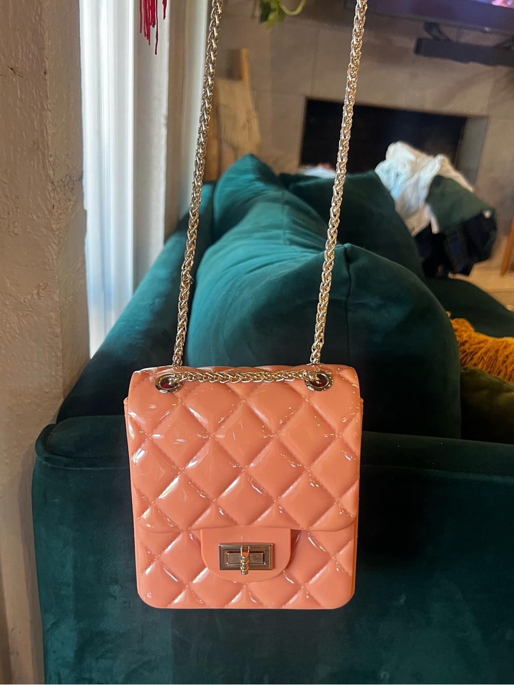 Quilted Patent Crossbody Bag in Peach Pink